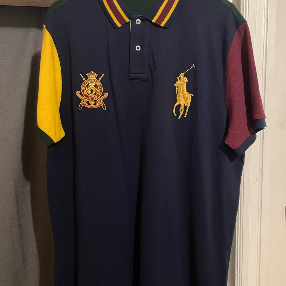 Ralph Lauren Men's Polo Shirt in Navy, Yellow, and Burgundy